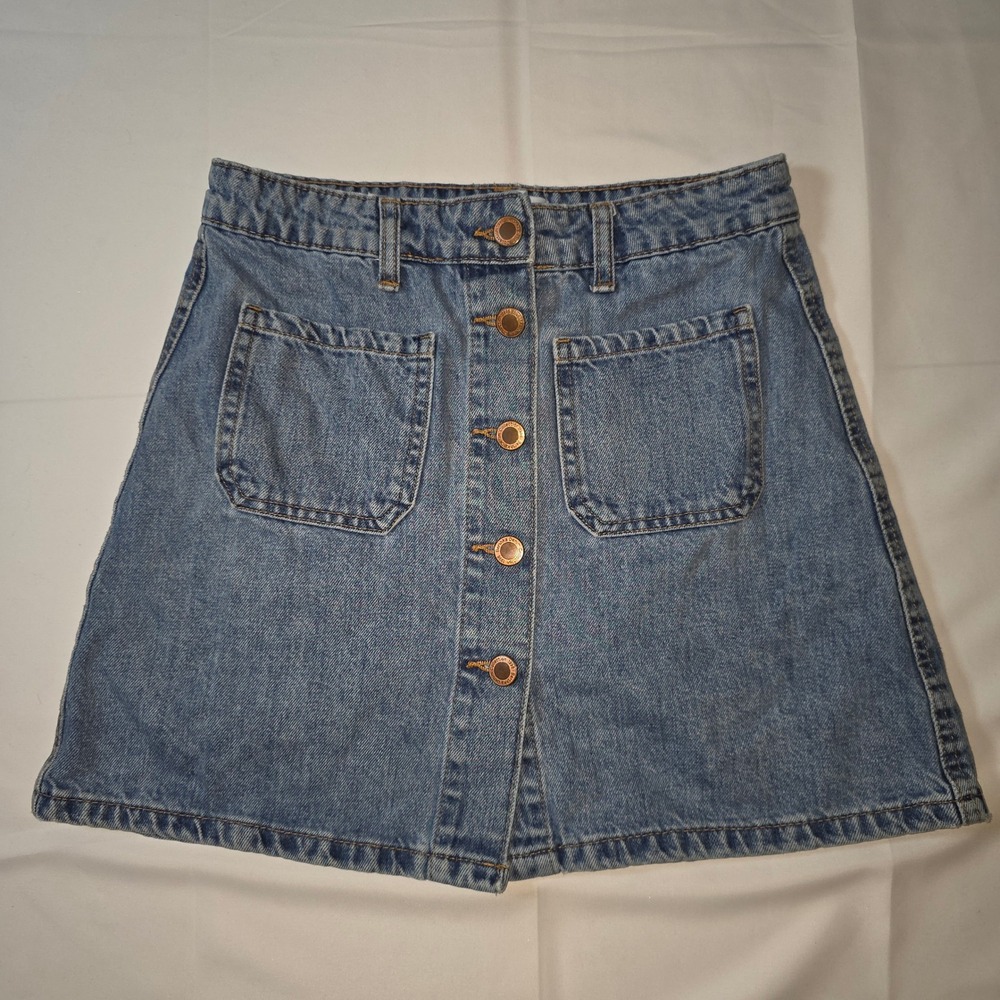 Bershka BSKGIRL Blue Denim Button Front Mini Skirt with Pockets Womens Size 4